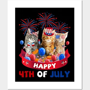 Three Cat Happy 4th Of July American Cat Lover Independence Day Posters and Art